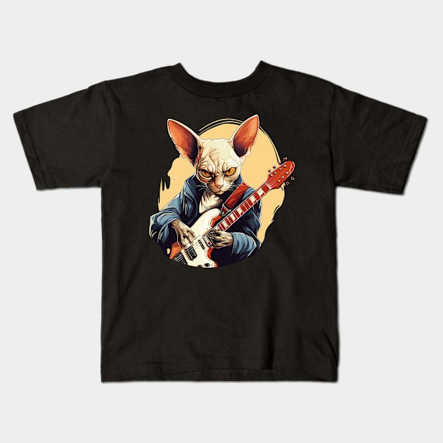 Sphynx Cat Playing Guitar Kids T-Shirt by Graceful Designs